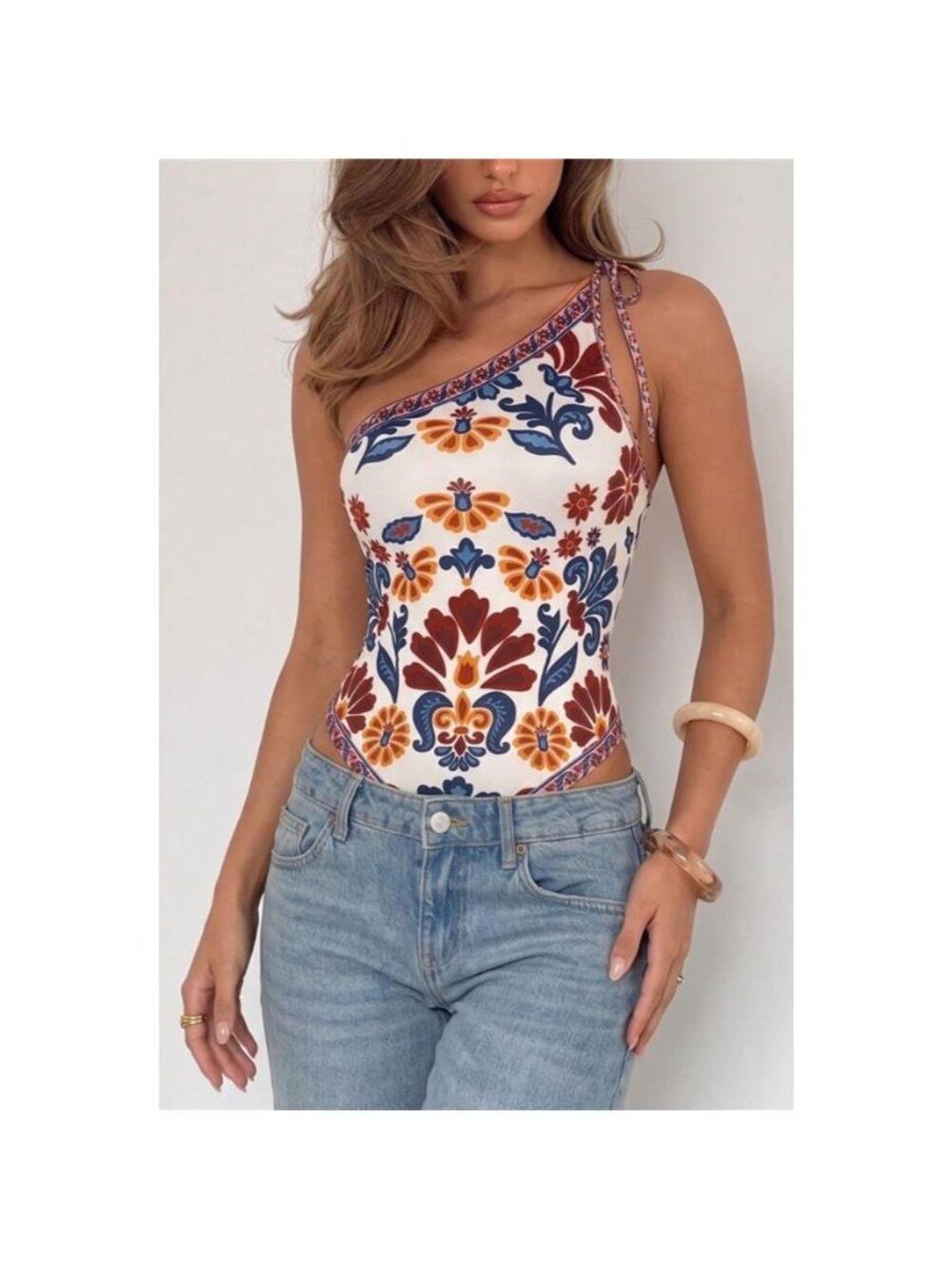 Floral Print One-Shoulder Tie Bodysuit